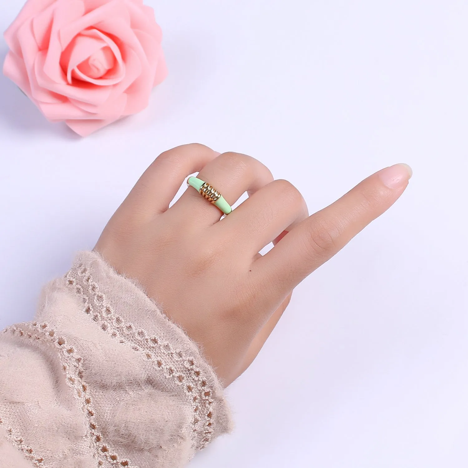 Colorful Pastel Enamel Ring • Gold Filled Multicolor Open Band • Green Pink Black White Minimalist Stackable Ring U-115~U-118
