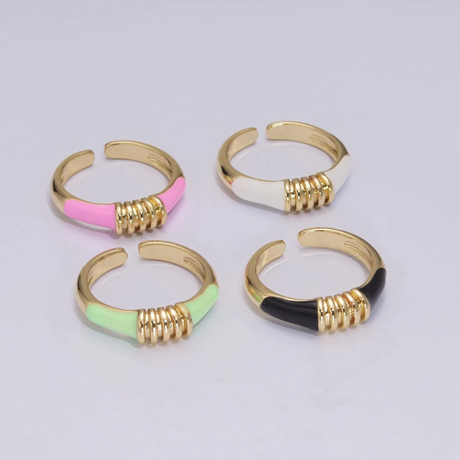 Colorful Pastel Enamel Ring • Gold Filled Multicolor Open Band • Green Pink Black White Minimalist Stackable Ring U-115~U-118