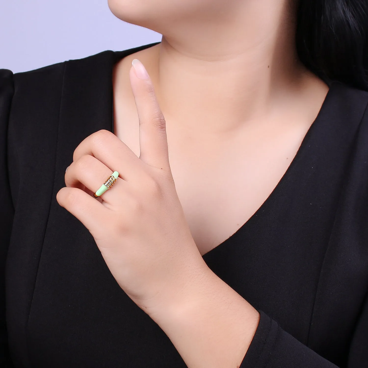 Colorful Pastel Enamel Ring • Gold Filled Multicolor Open Band • Green Pink Black White Minimalist Stackable Ring U-115~U-118