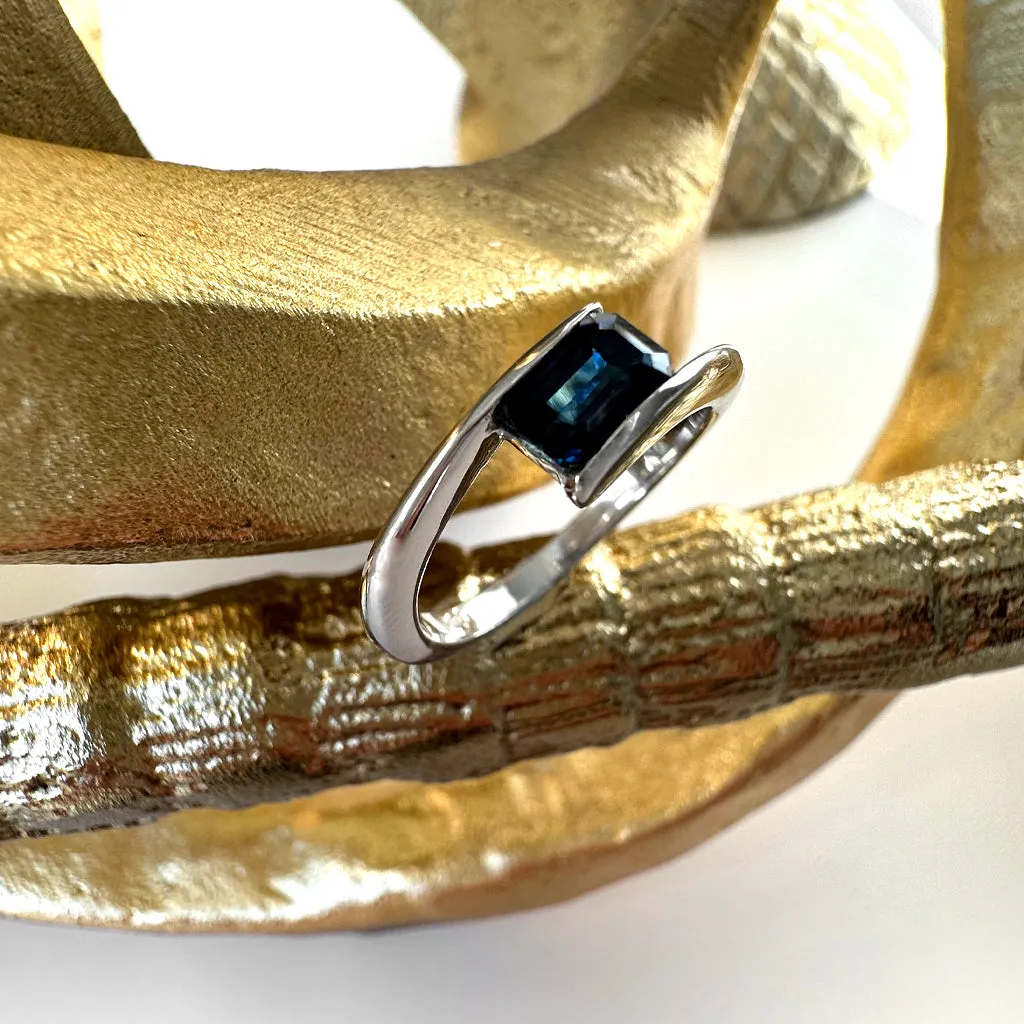 Contemporary Twisted Shoulder White Gold Octagonal Sapphire Ring