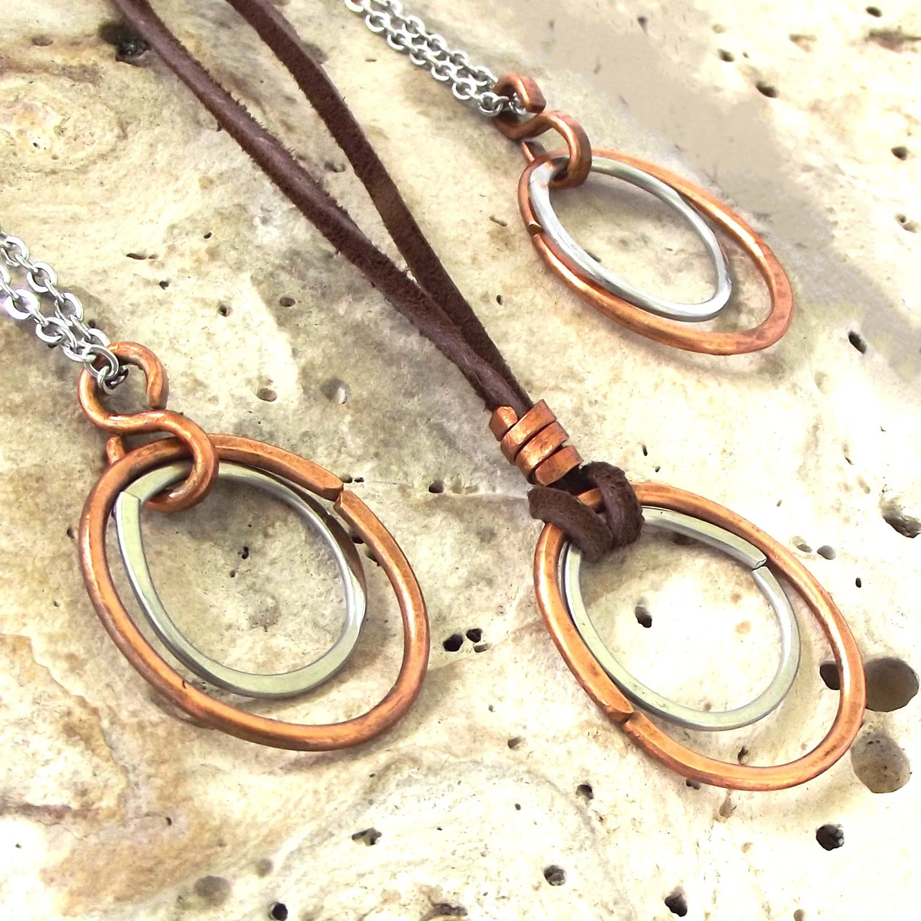 Copper 'n Stainless Steel Hammered Ovals Necklace