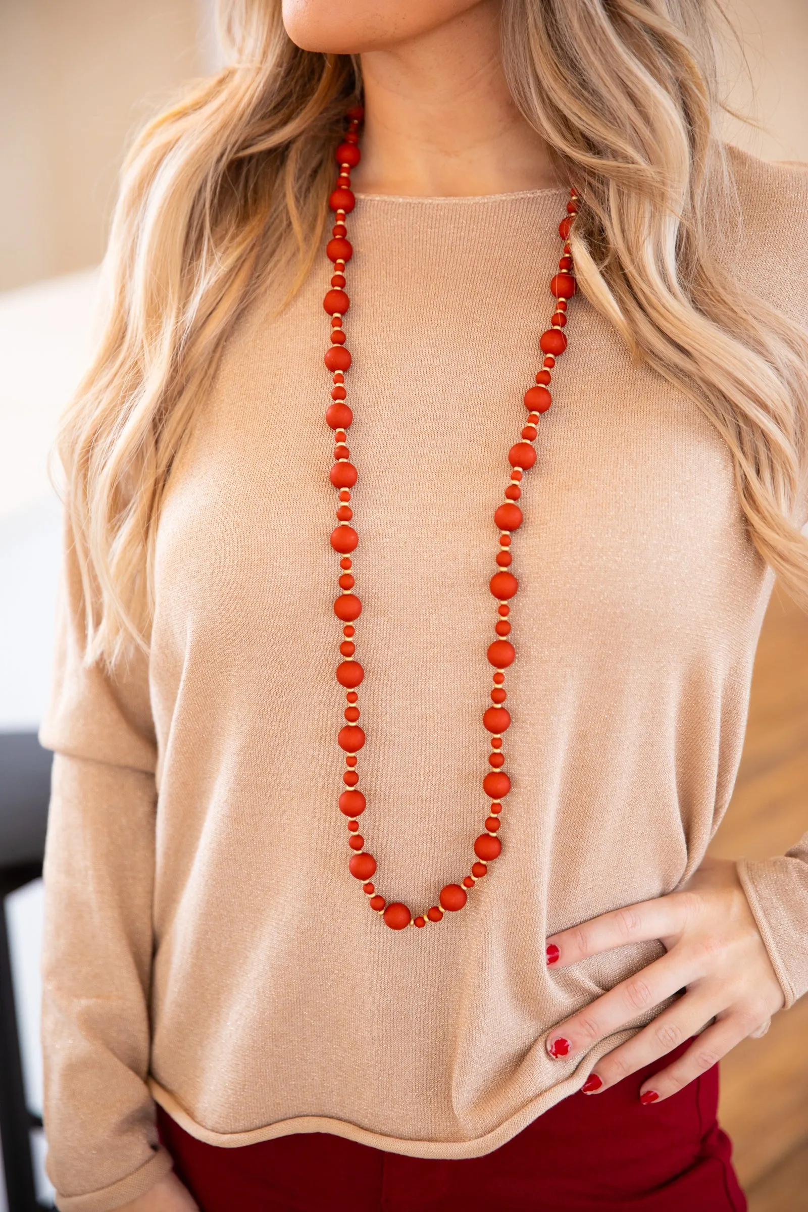 Cranberry Beaded Long Necklace