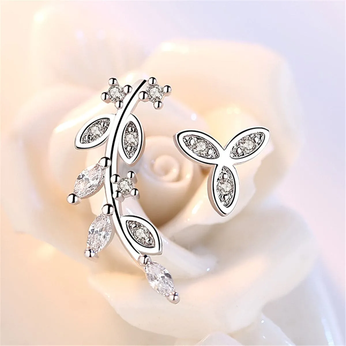 Cubic Zirconia Leaves Ear Climber & Silver-Plated Stud Earring
