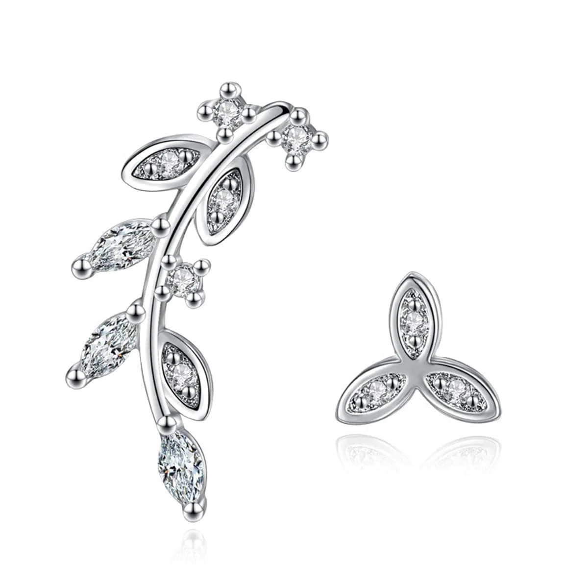 Cubic Zirconia Leaves Ear Climber & Silver-Plated Stud Earring