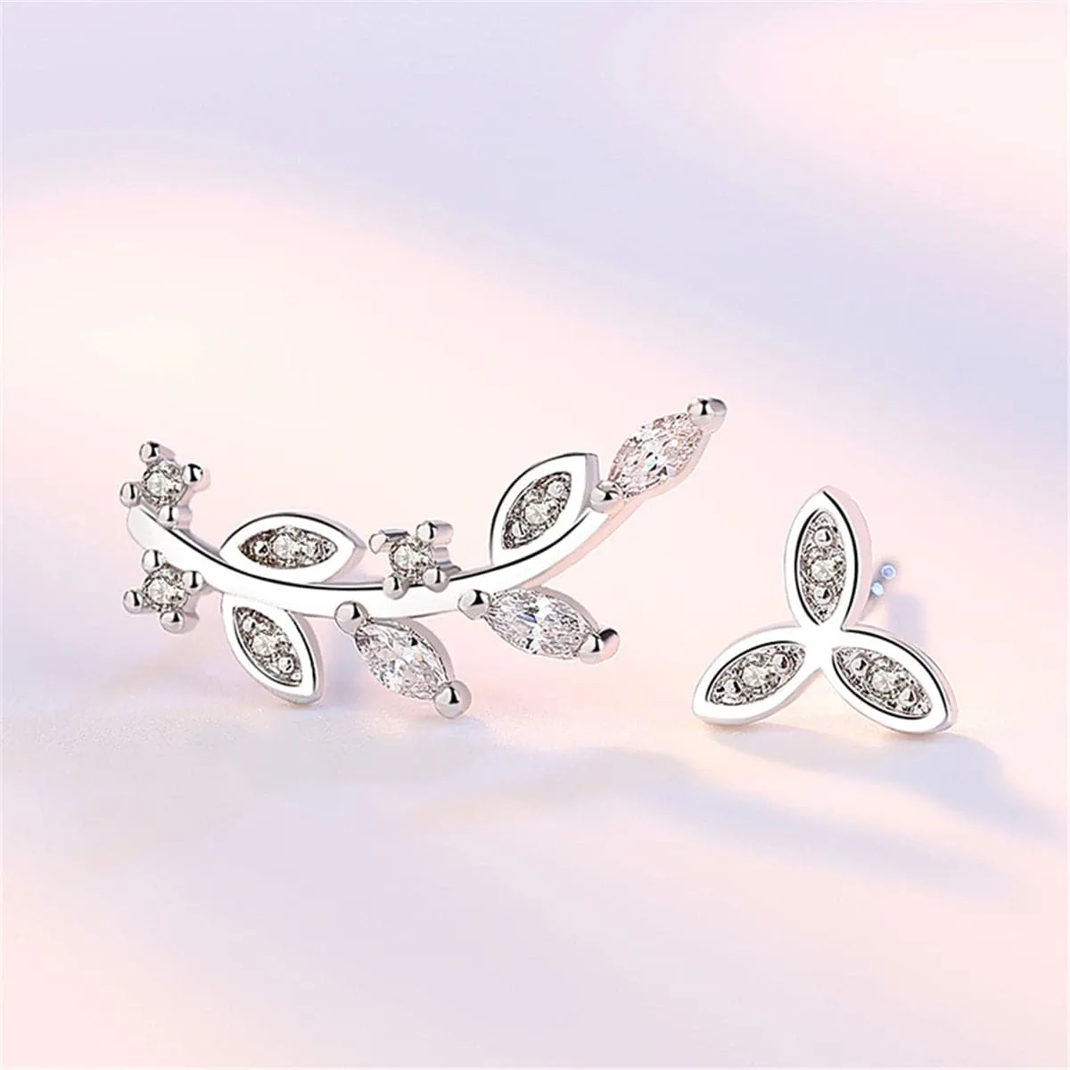 Cubic Zirconia Leaves Ear Climber & Silver-Plated Stud Earring