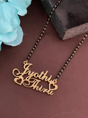 Cursive Name Long Mangalsutra With 2 Personalized Names Mini Hearts & Single Line Black Beaded Chain
