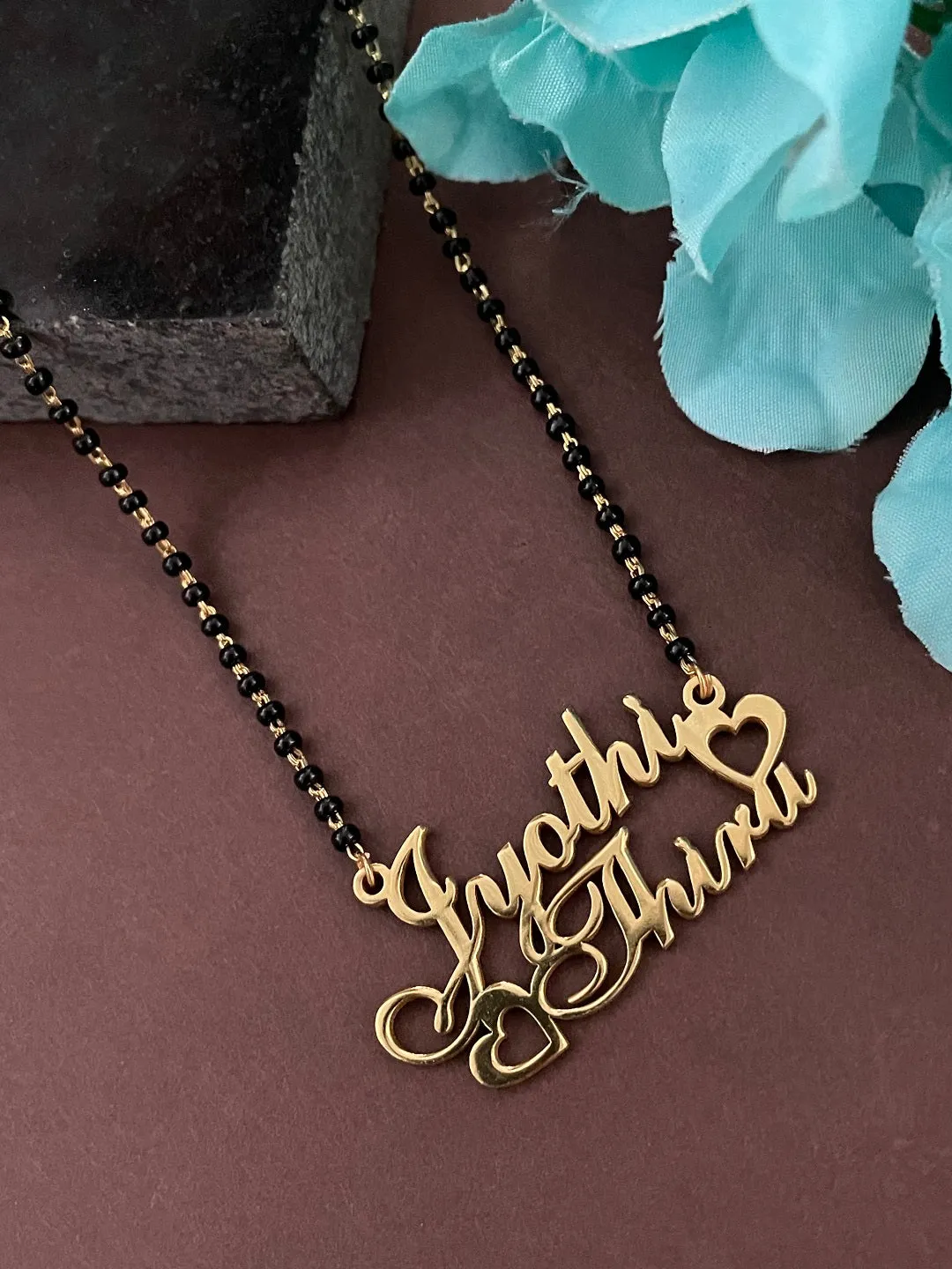 Cursive Name Long Mangalsutra With 2 Personalized Names Mini Hearts & Single Line Black Beaded Chain