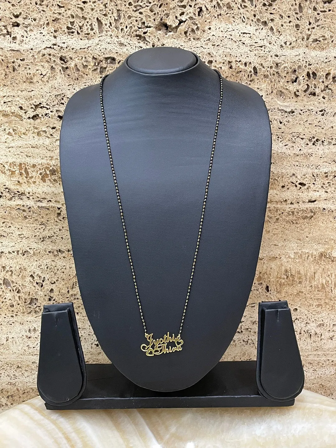 Cursive Name Long Mangalsutra With 2 Personalized Names Mini Hearts & Single Line Black Beaded Chain