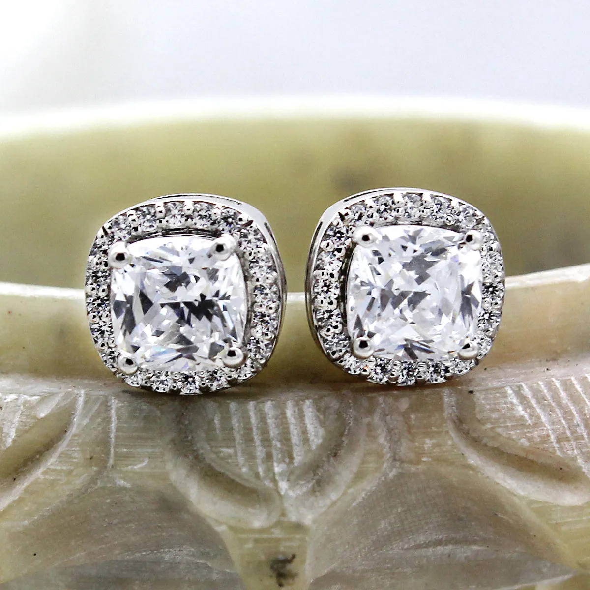 Cushion Halo Wedding Stud 14kt White Gold Earrings