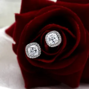 Cushion Halo Wedding Stud 14kt White Gold Earrings