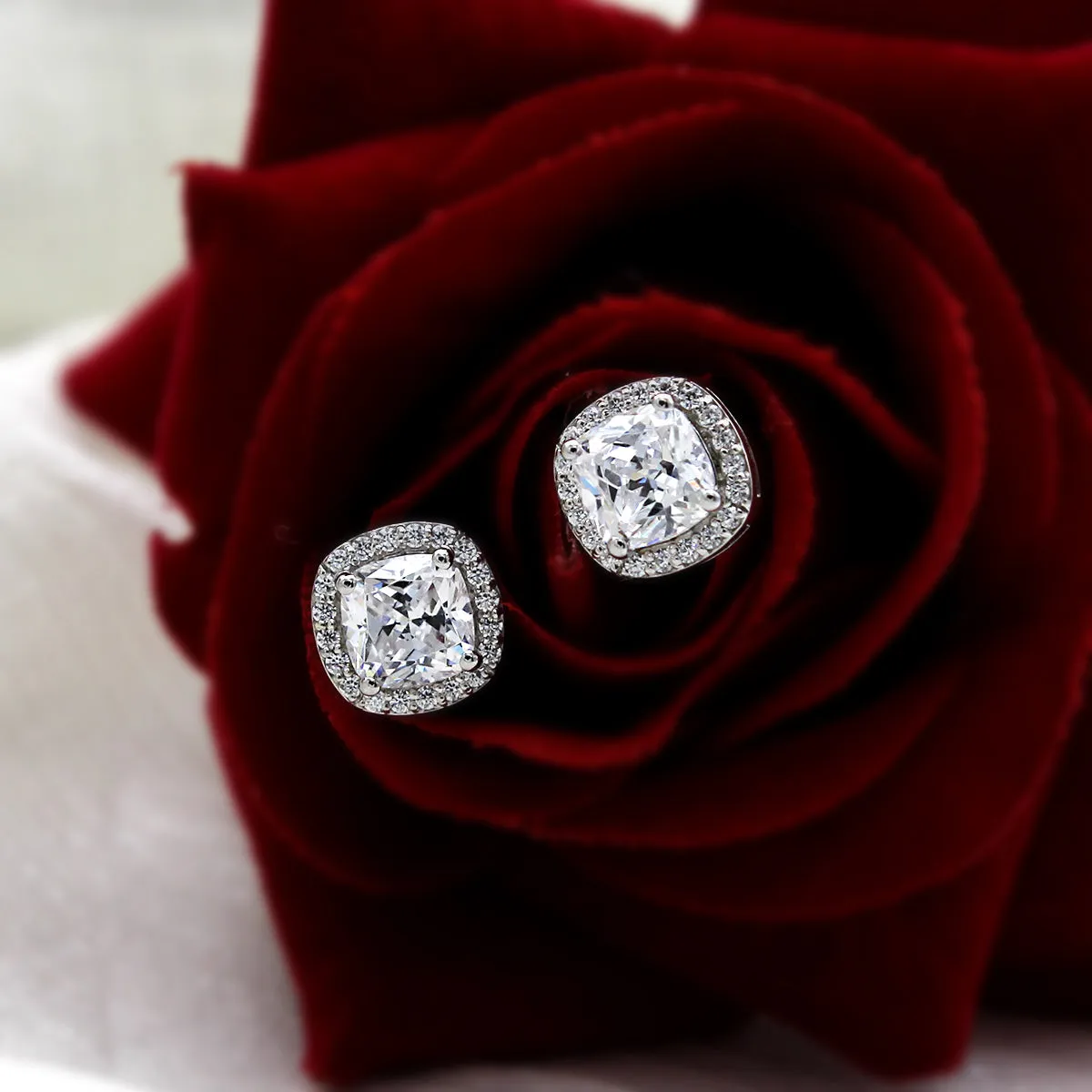 Cushion Halo Wedding Stud 14kt White Gold Earrings