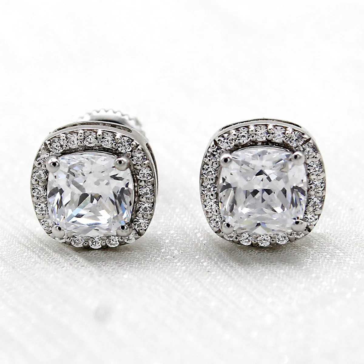 Cushion Halo Wedding Stud 14kt White Gold Earrings