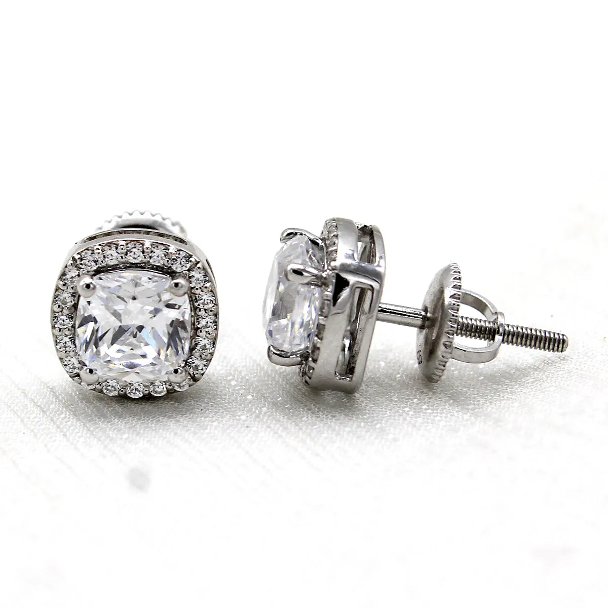 Cushion Halo Wedding Stud 14kt White Gold Earrings