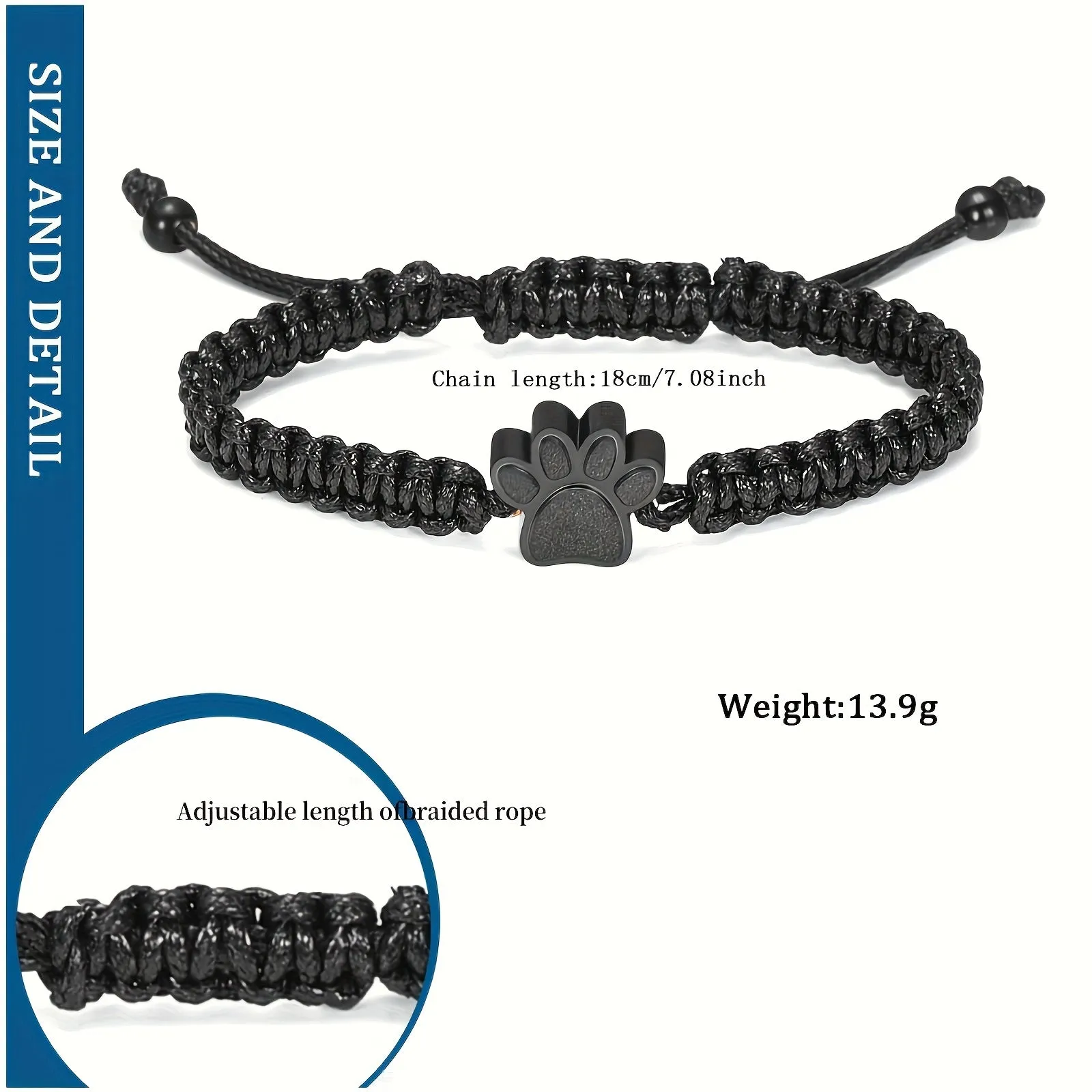 Customizable Paw Print Pet Cremation Bracelet with Braided Cord