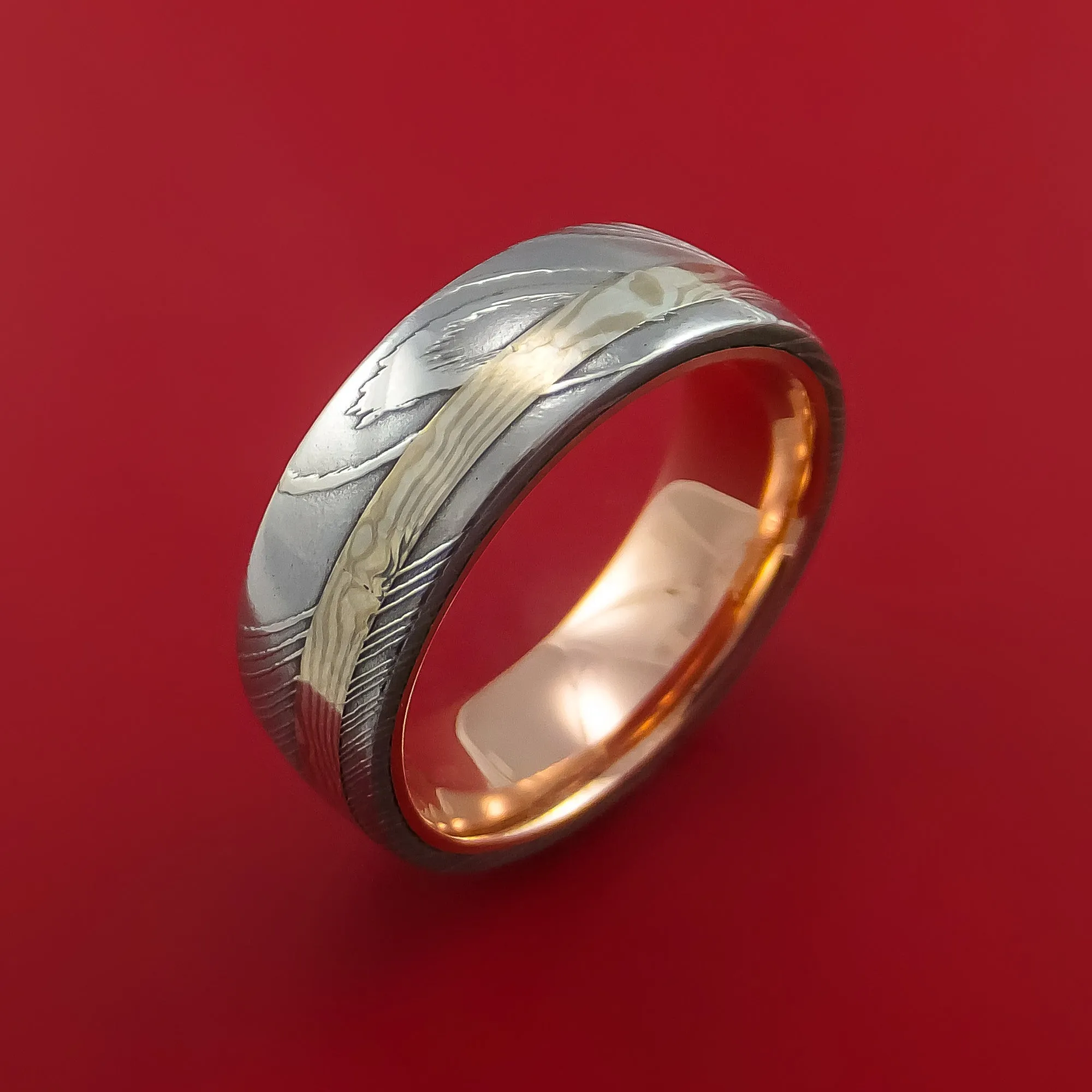Damascus Steel and Mokume Ring with Rose Gold Sleeve Wedding Band Custom Made