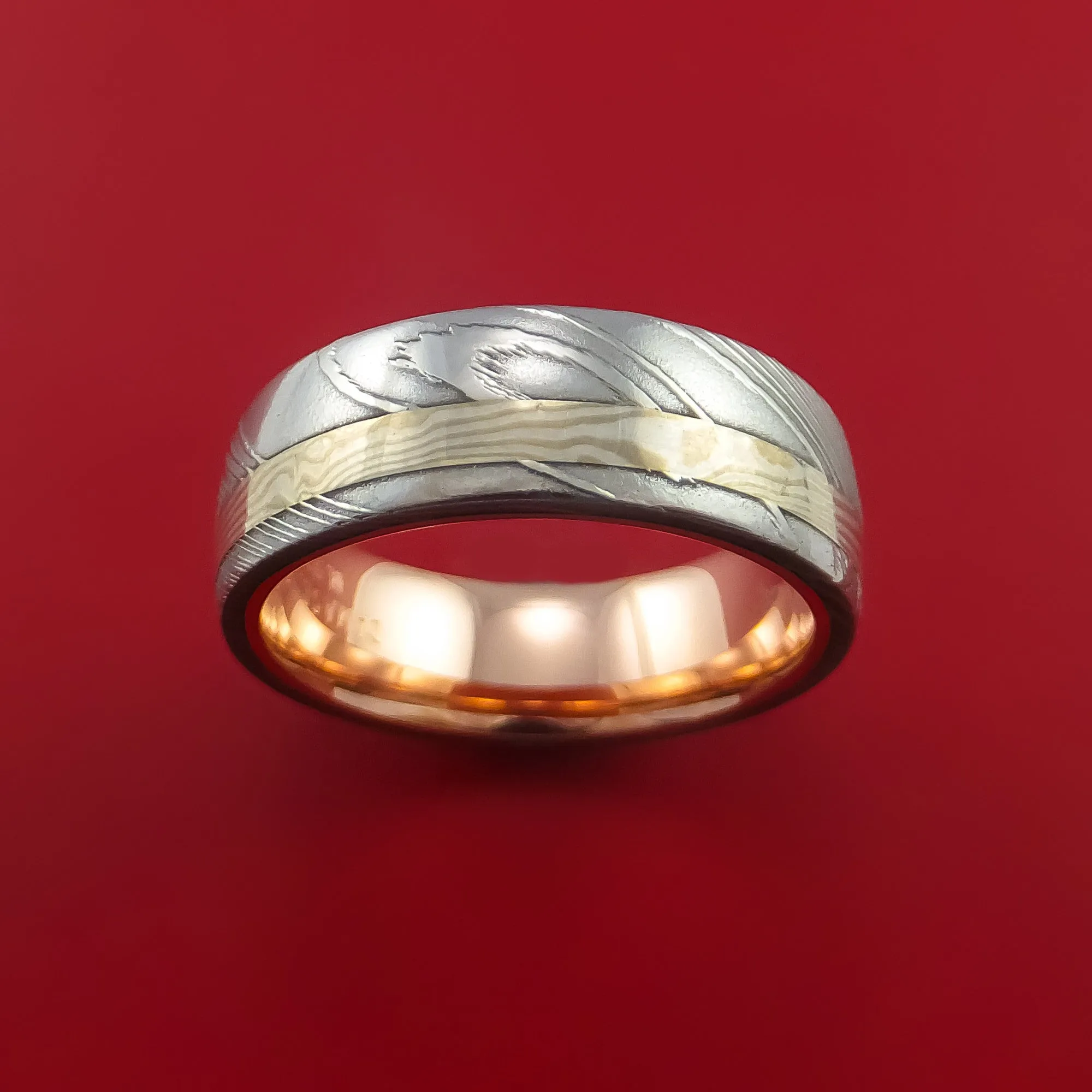 Damascus Steel and Mokume Ring with Rose Gold Sleeve Wedding Band Custom Made
