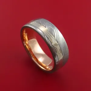 Damascus Steel and Mokume Ring with Rose Gold Sleeve Wedding Band Custom Made