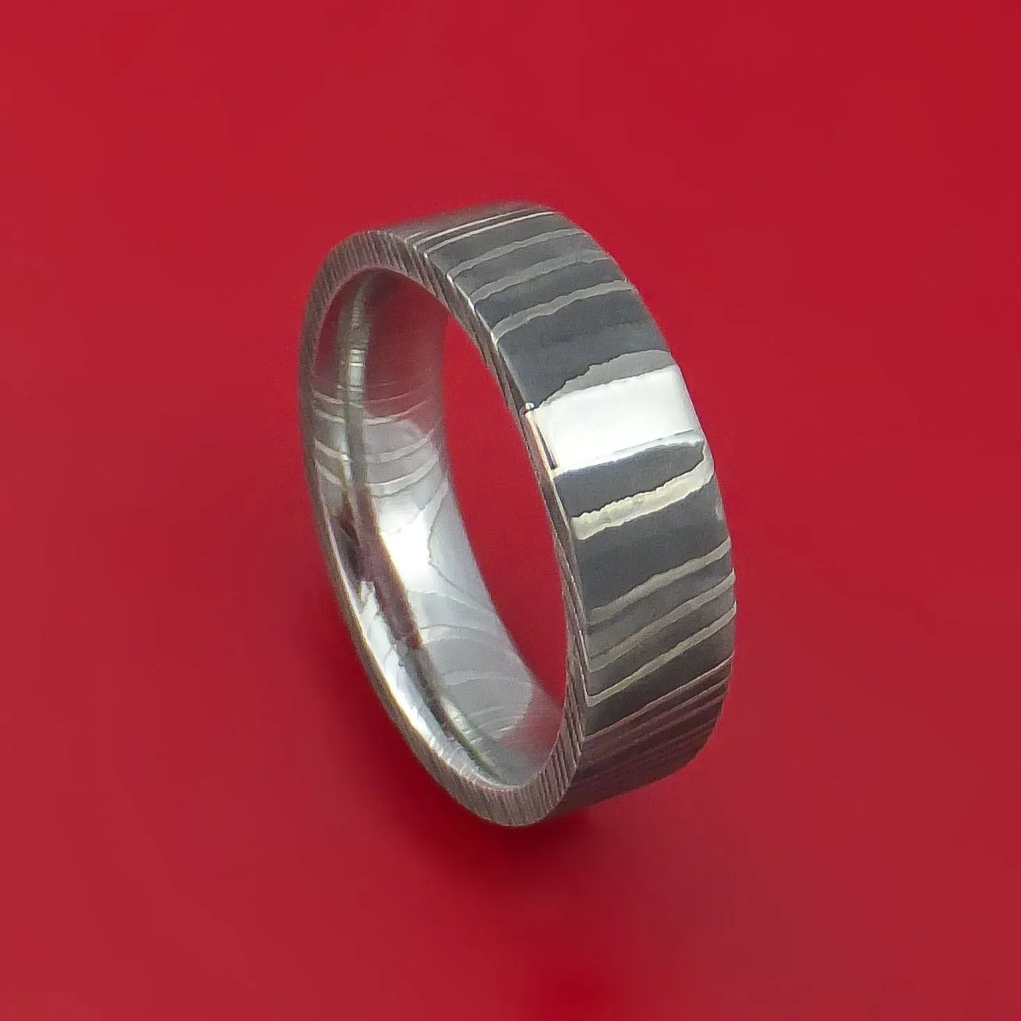 Damascus Steel and Platinum Ring Custom Made Band