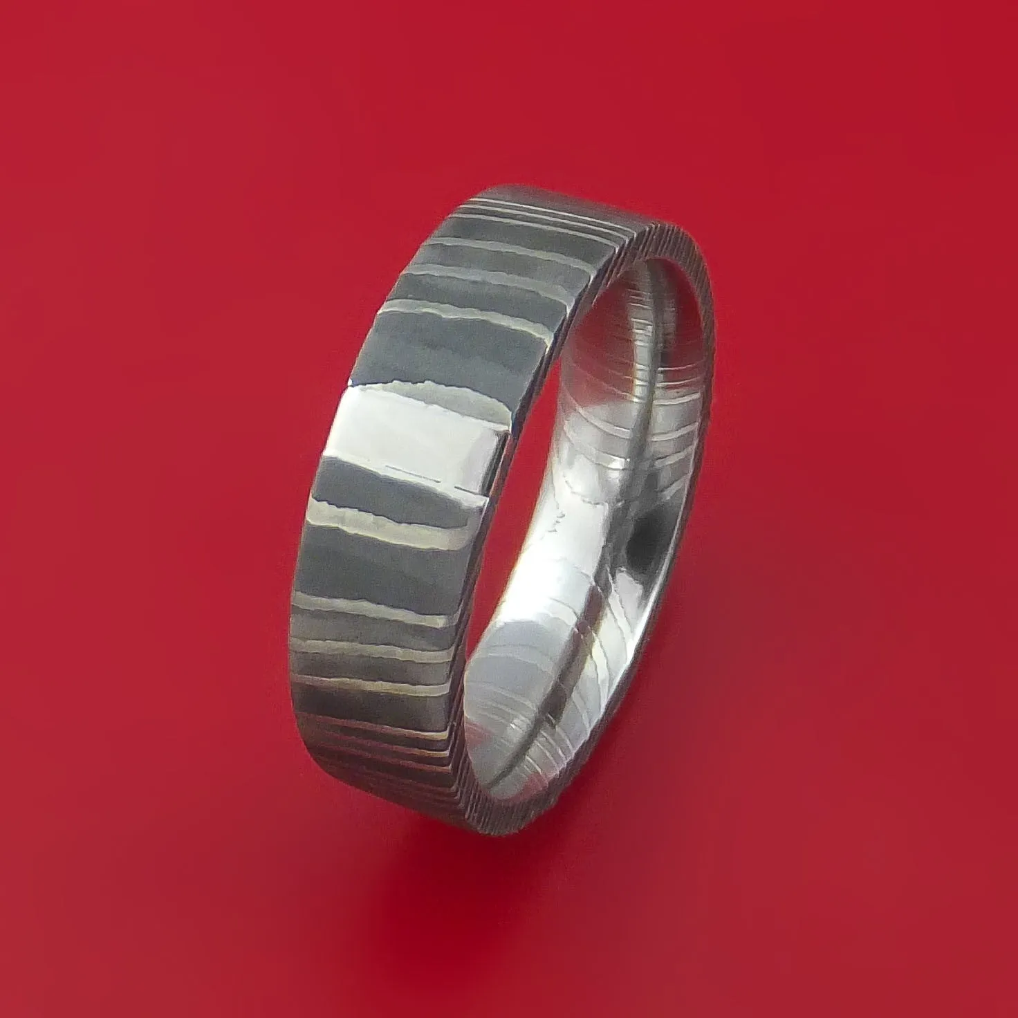 Damascus Steel and Platinum Ring Custom Made Band