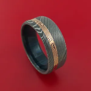 Damascus Steel Ring with 14k Rose Gold Mokume Shakudo Inlay and Interior Hardwood Sleeve Custom Made Band