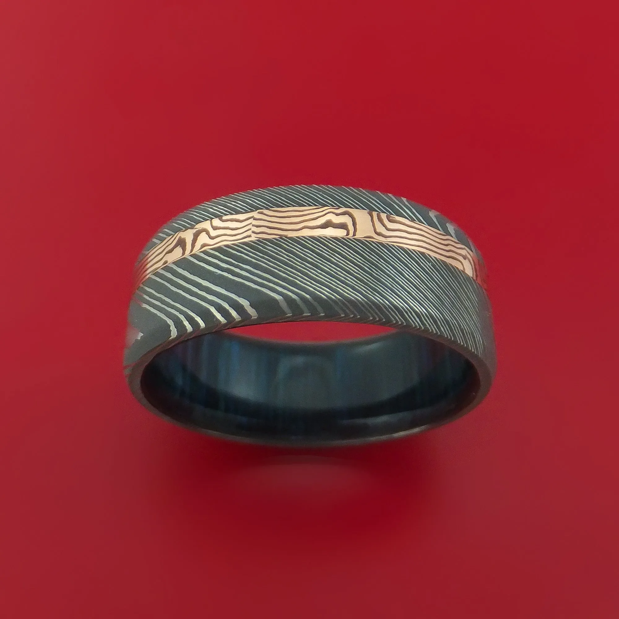 Damascus Steel Ring with 14k Rose Gold Mokume Shakudo Inlay and Interior Hardwood Sleeve Custom Made Band