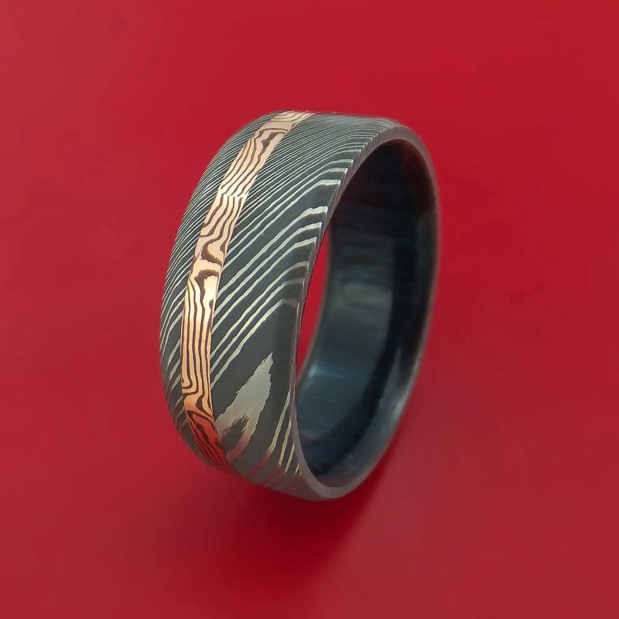 Damascus Steel Ring with 14k Rose Gold Mokume Shakudo Inlay and Interior Hardwood Sleeve Custom Made Band