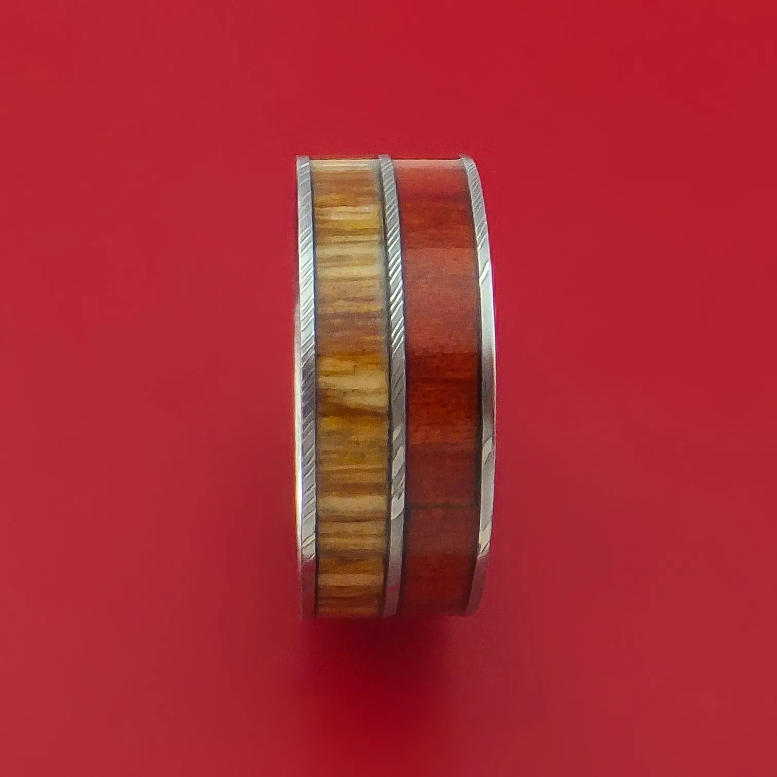 Damascus Steel Ring with Teak and Red Heart Hardwood Inlays Custom Made Band