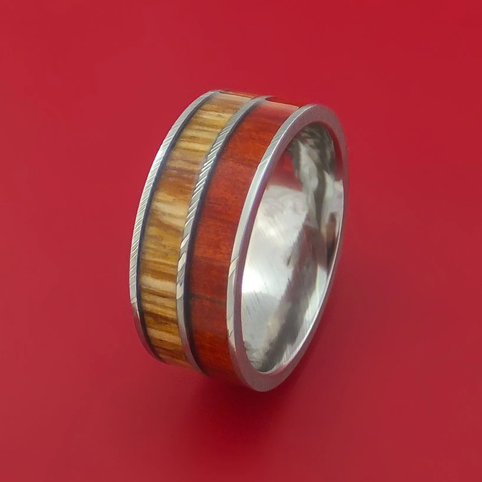 Damascus Steel Ring with Teak and Red Heart Hardwood Inlays Custom Made Band