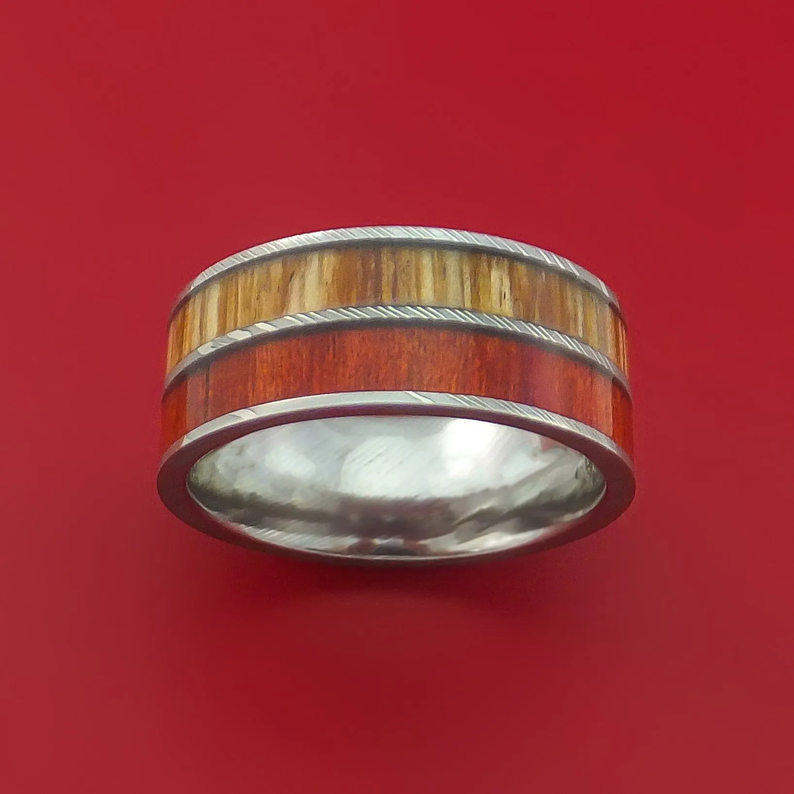 Damascus Steel Ring with Teak and Red Heart Hardwood Inlays Custom Made Band
