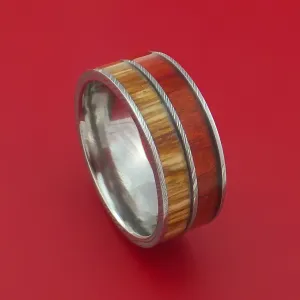 Damascus Steel Ring with Teak and Red Heart Hardwood Inlays Custom Made Band