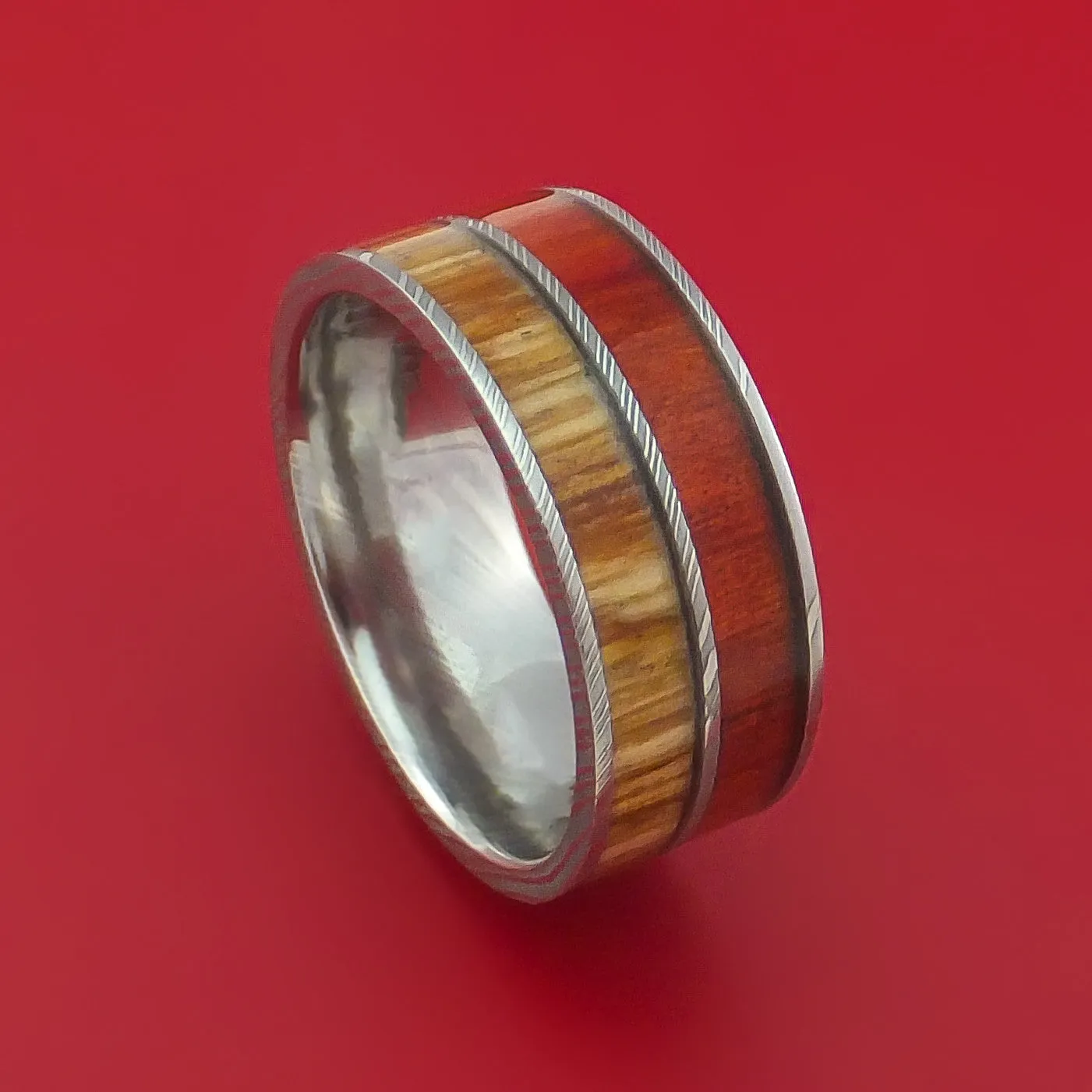 Damascus Steel Ring with Teak and Red Heart Hardwood Inlays Custom Made Band