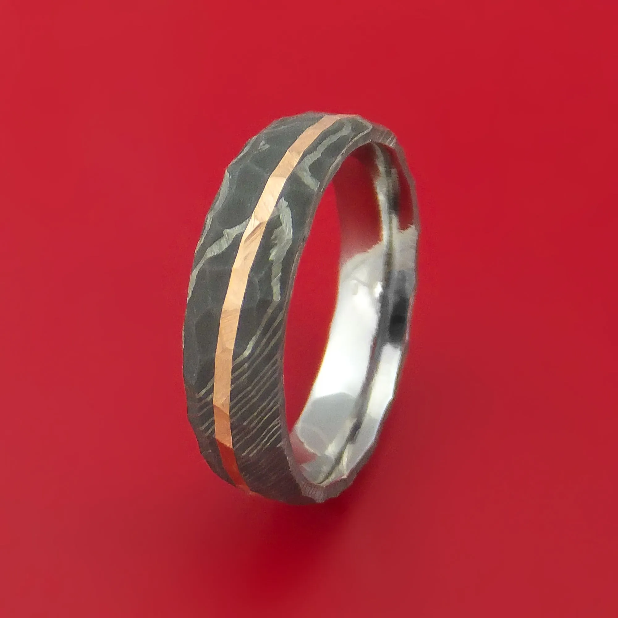 Damascus Steel Rock Hammered Ring with Angled 14k Rose Gold Inlay Custom Band