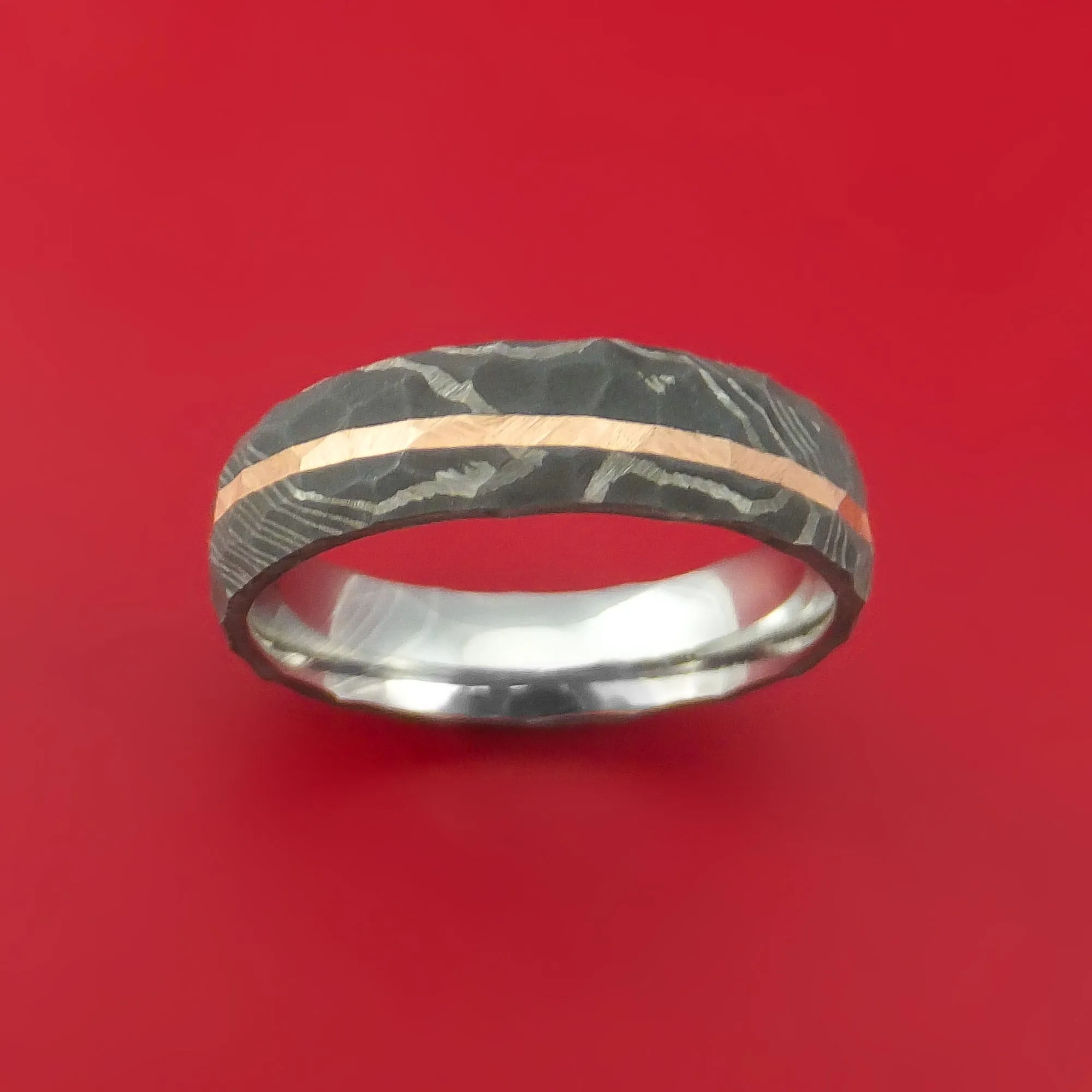 Damascus Steel Rock Hammered Ring with Angled 14k Rose Gold Inlay Custom Band
