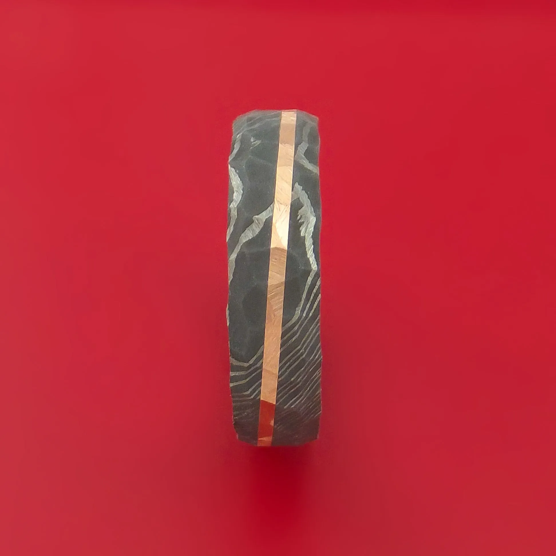 Damascus Steel Rock Hammered Ring with Angled 14k Rose Gold Inlay Custom Band