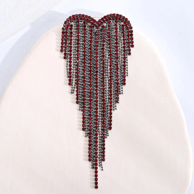Dmari Designer Luxury Jewelry For Clothing Blood Black Rhinestone Heart Shape Lapel Pins Long Thread Tassel Brooch Women Brooch