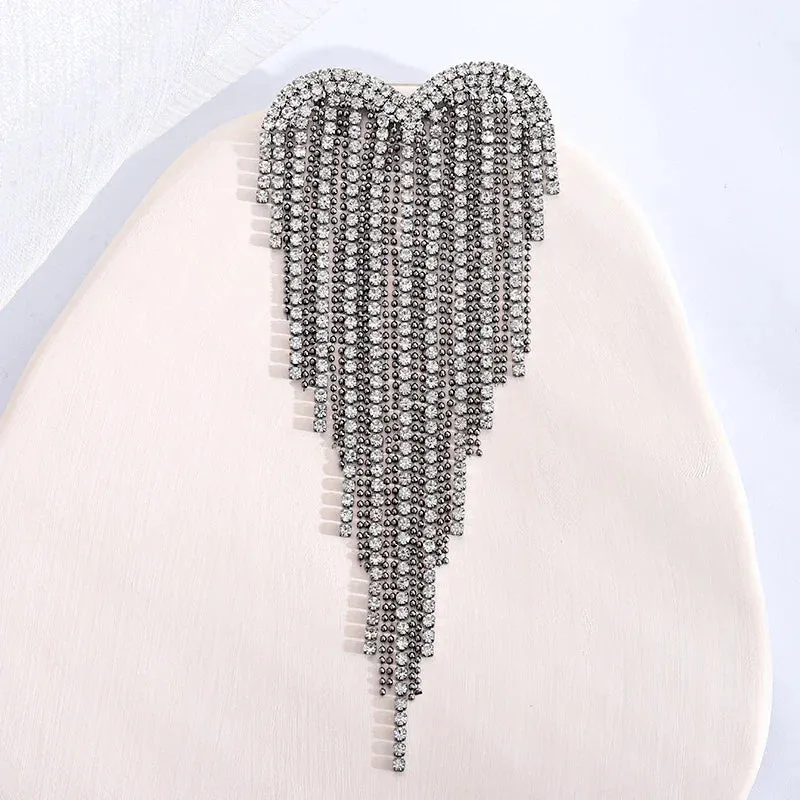 Dmari Designer Luxury Jewelry For Clothing Blood Black Rhinestone Heart Shape Lapel Pins Long Thread Tassel Brooch Women Brooch