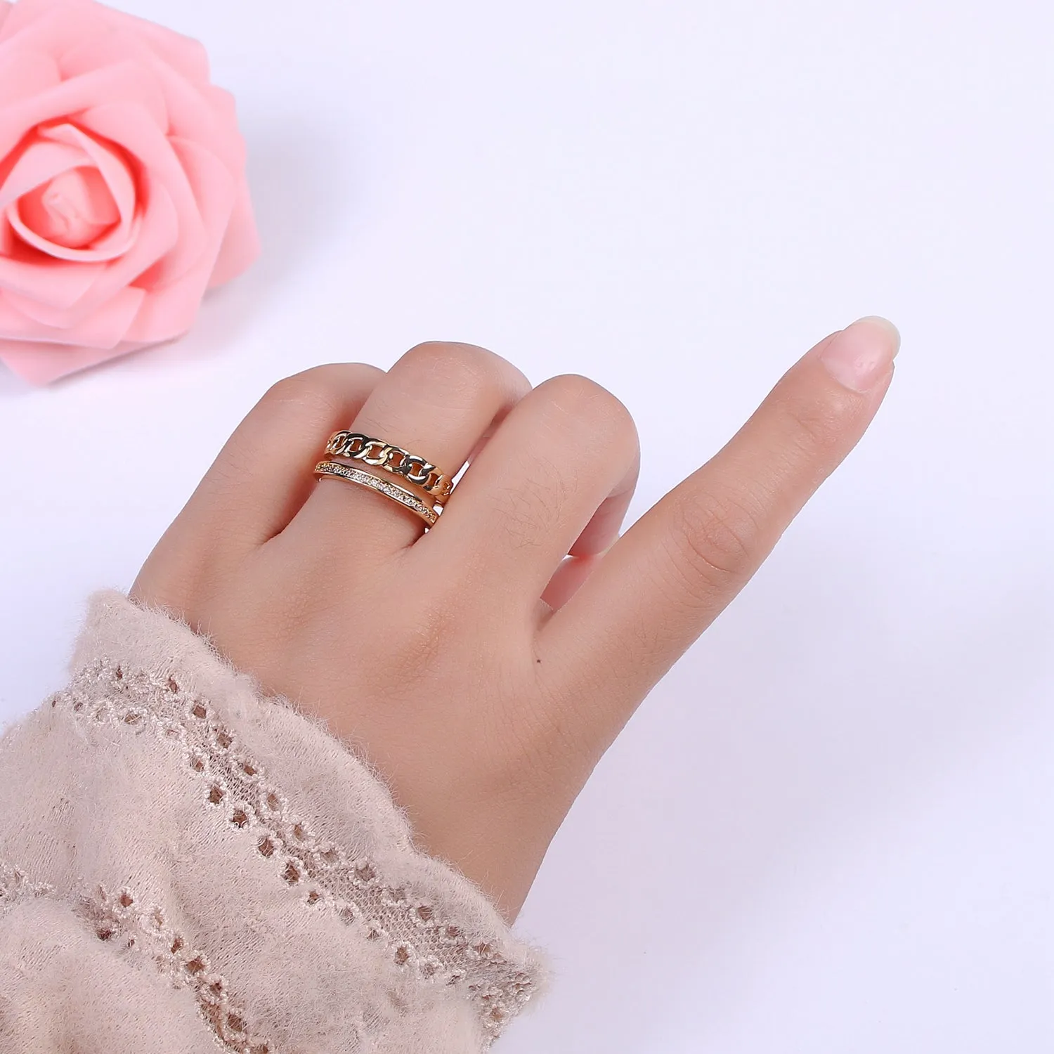 Double Band Chain Ring Design Gold Stackable Modern Minimalist Trending Ring Accessory U-129