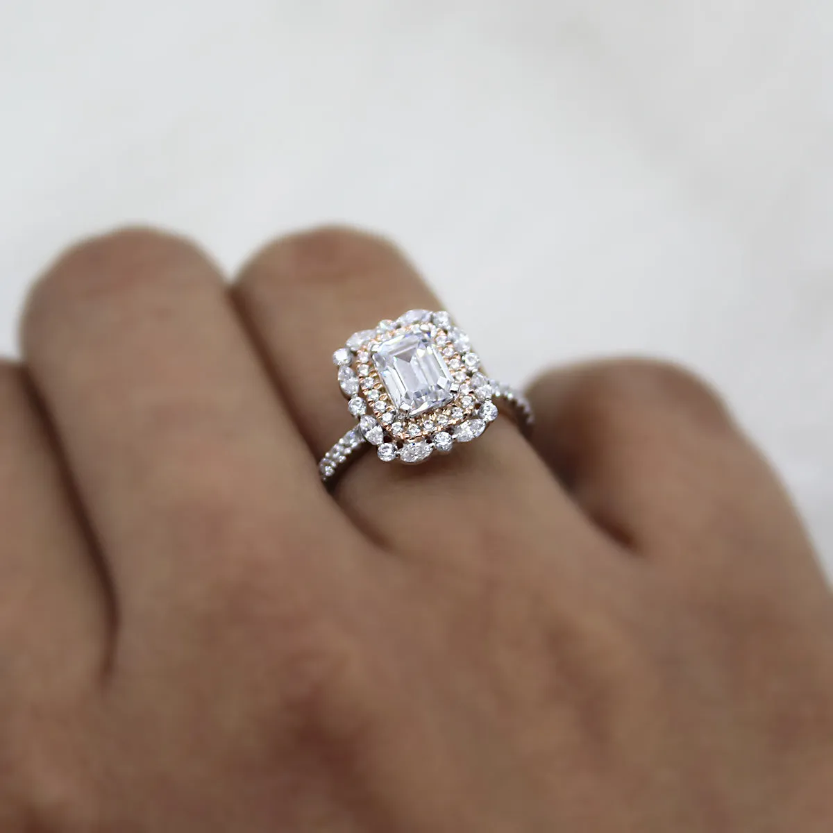 Double Halo Emerald Diamond Two Tone Wedding Engagement Ring