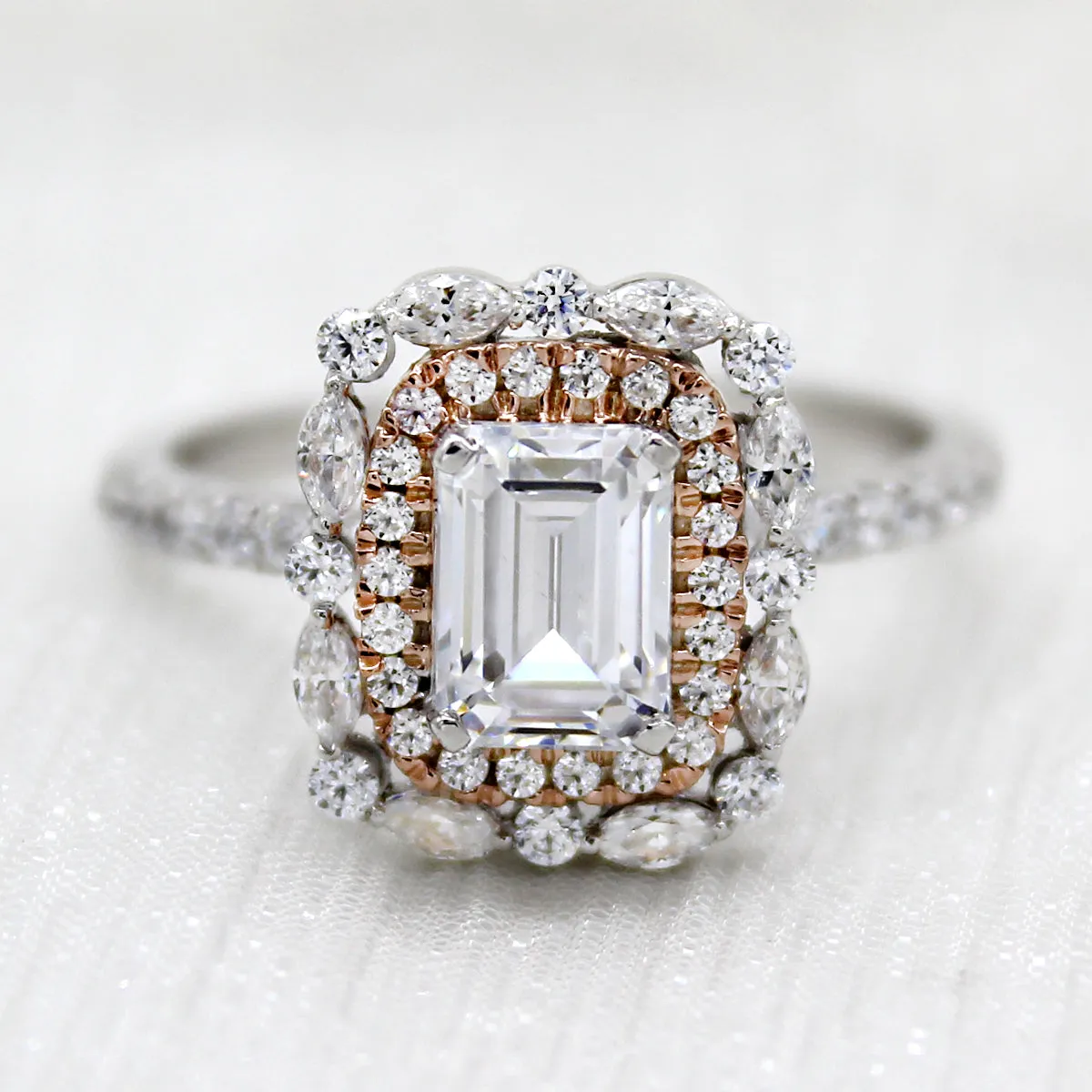 Double Halo Emerald Diamond Two Tone Wedding Engagement Ring