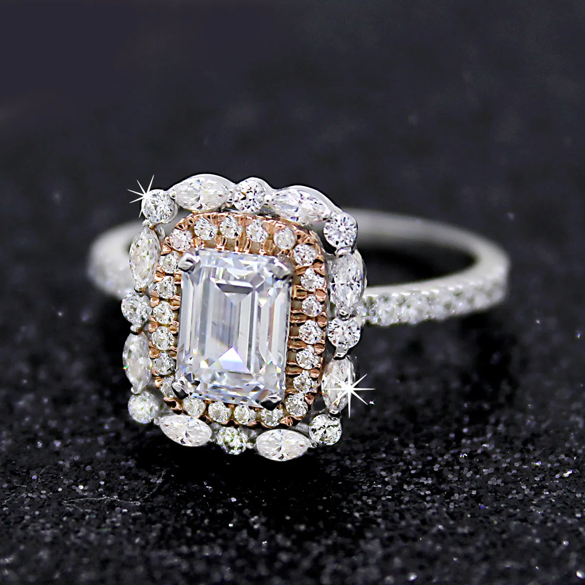 Double Halo Emerald Diamond Two Tone Wedding Engagement Ring