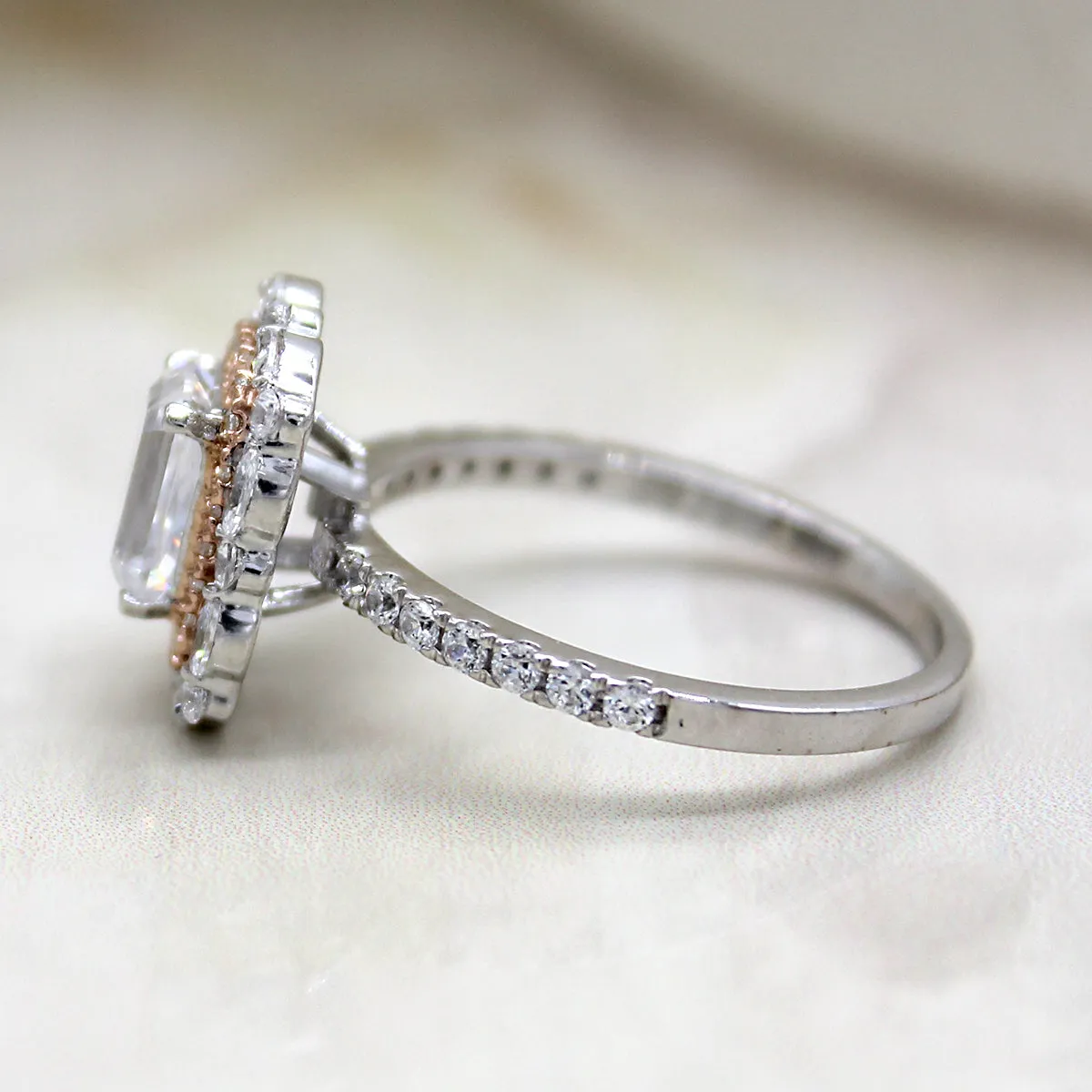 Double Halo Emerald Diamond Two Tone Wedding Engagement Ring