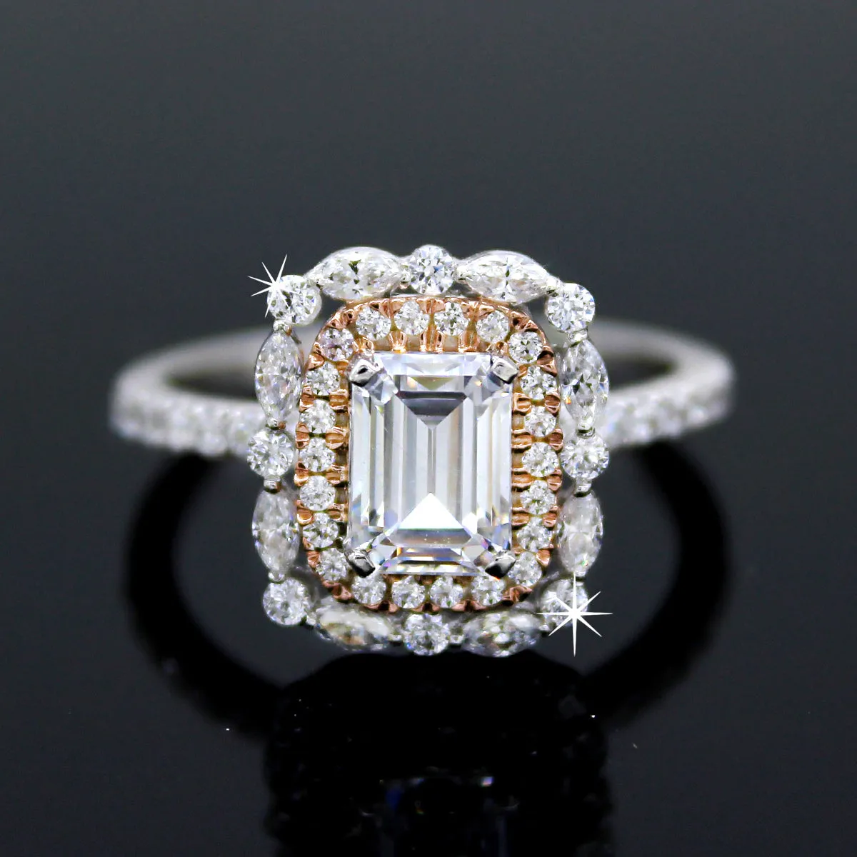 Double Halo Emerald Diamond Two Tone Wedding Engagement Ring