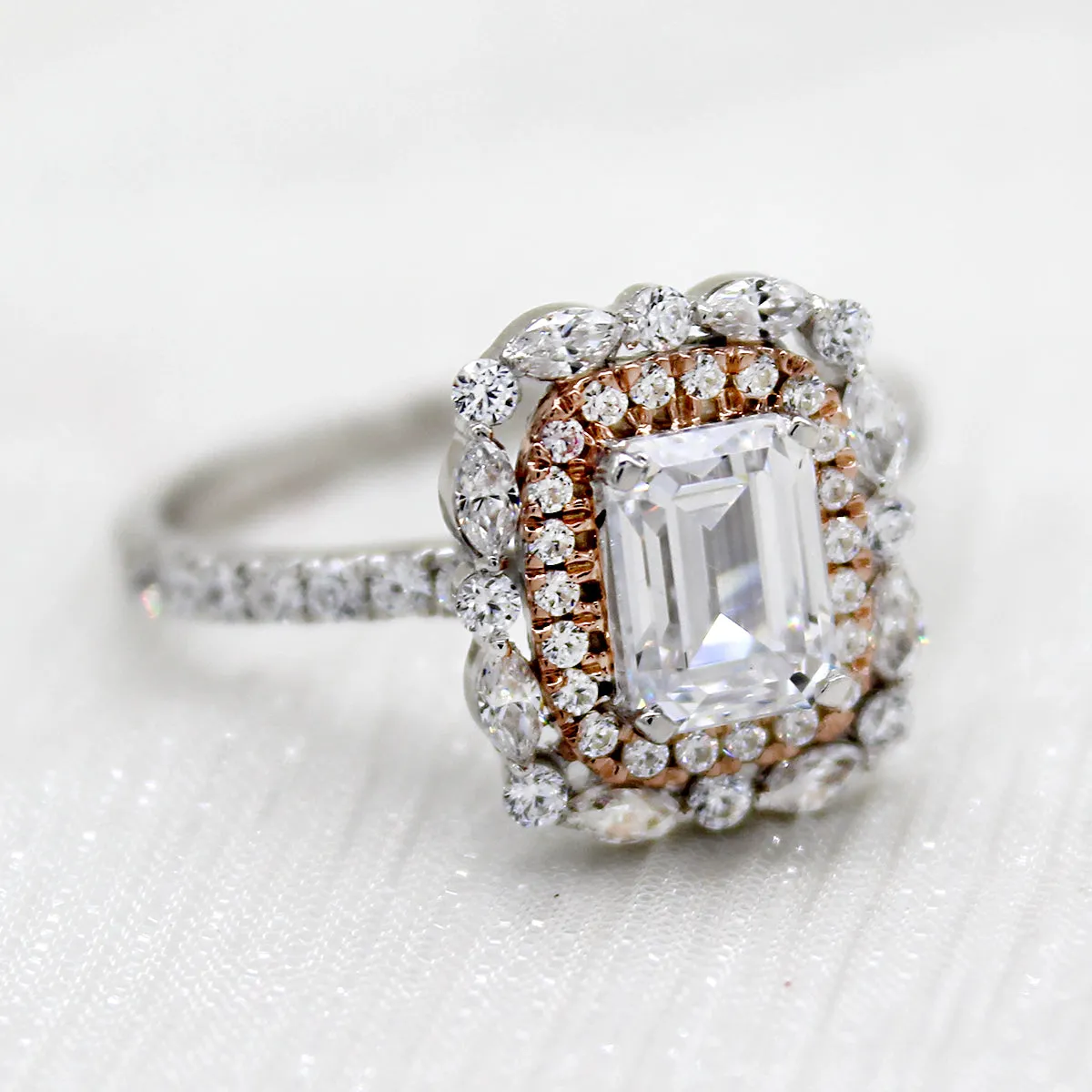 Double Halo Emerald Diamond Two Tone Wedding Engagement Ring