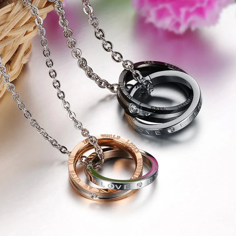 Double Rings Pendant Necklace Titanium Steel Ring Couple Necklace