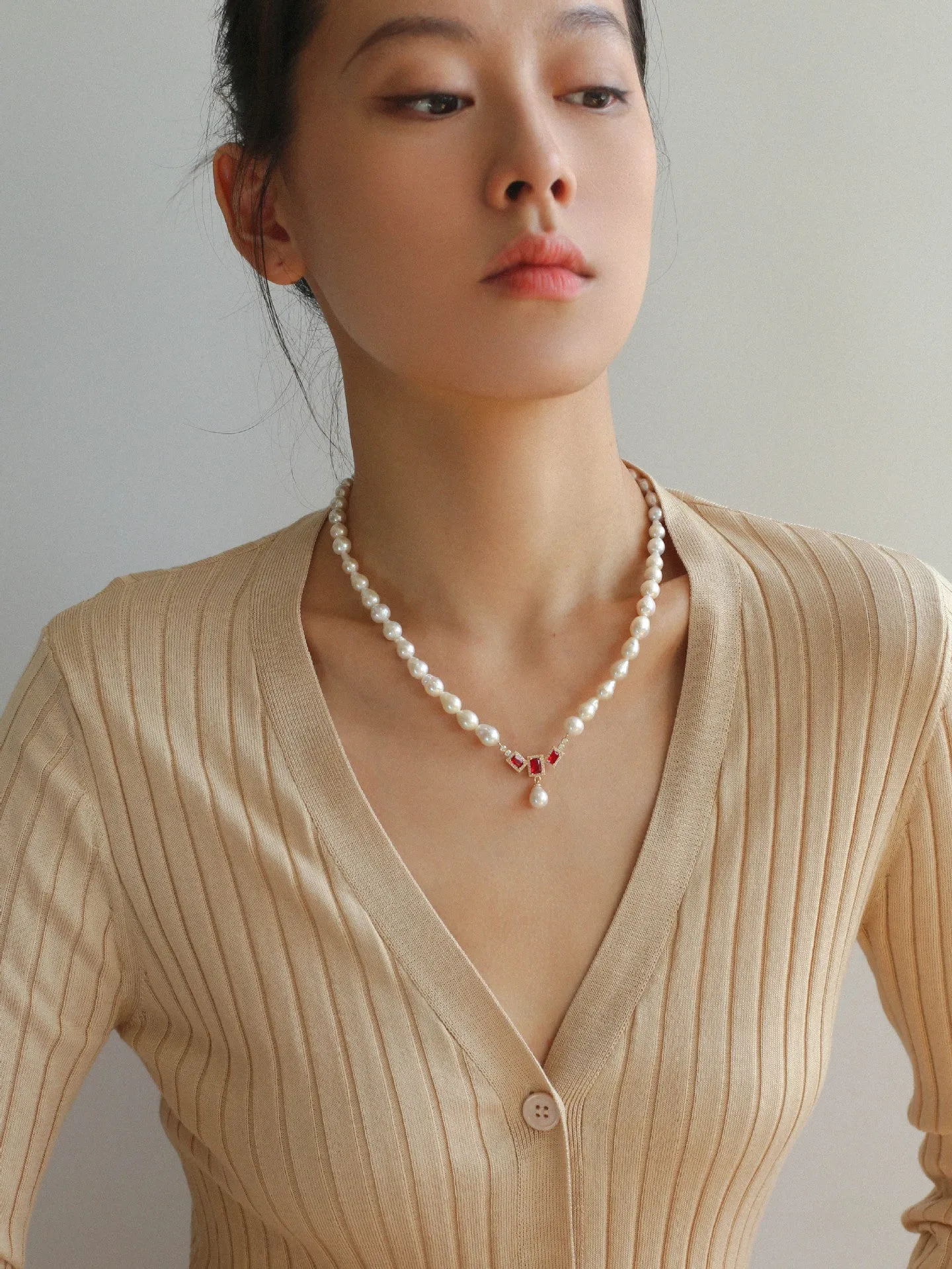 Drop Baroque Pearl Seiko Ruby Pendant Necklace