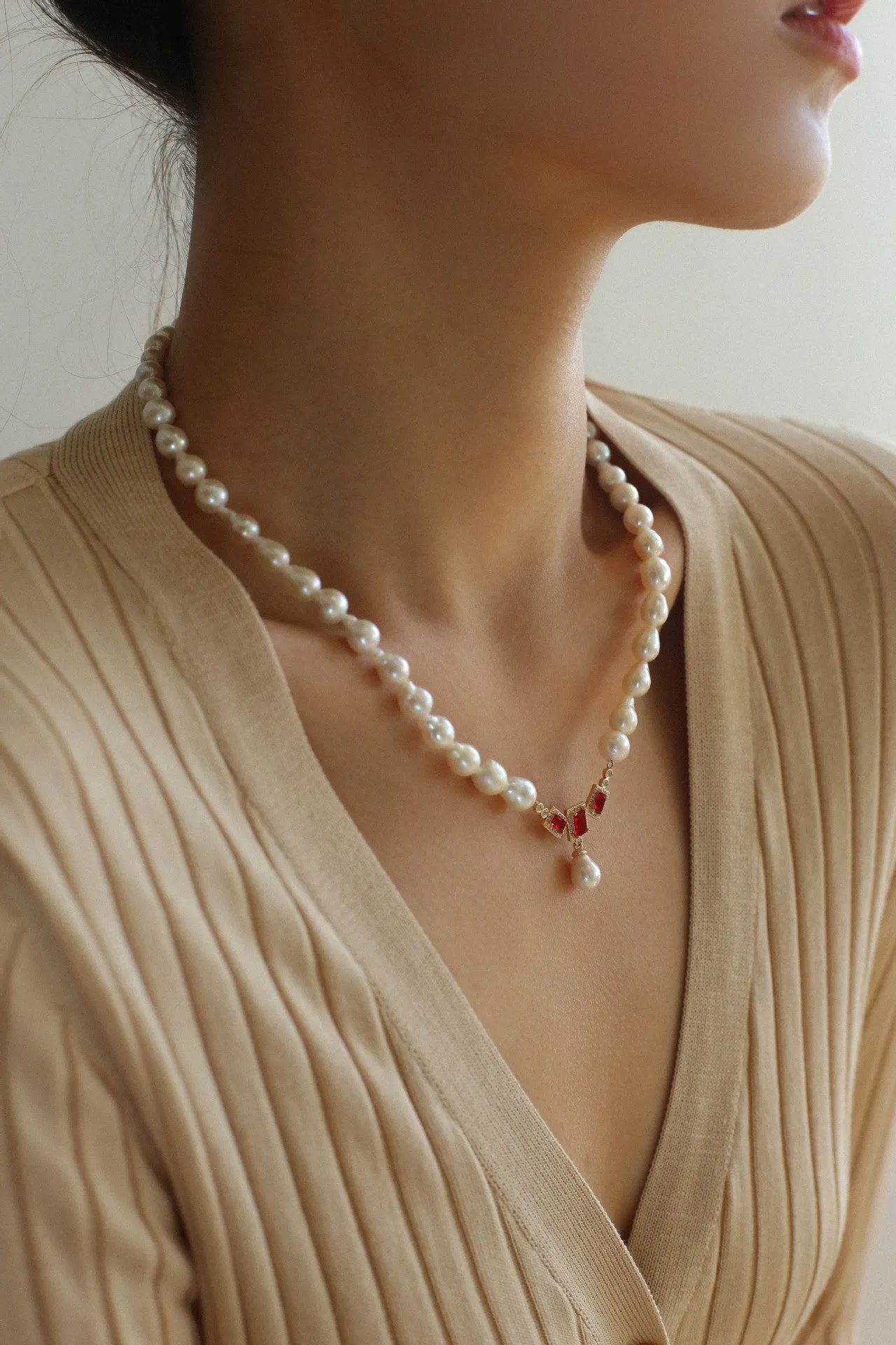 Drop Baroque Pearl Seiko Ruby Pendant Necklace