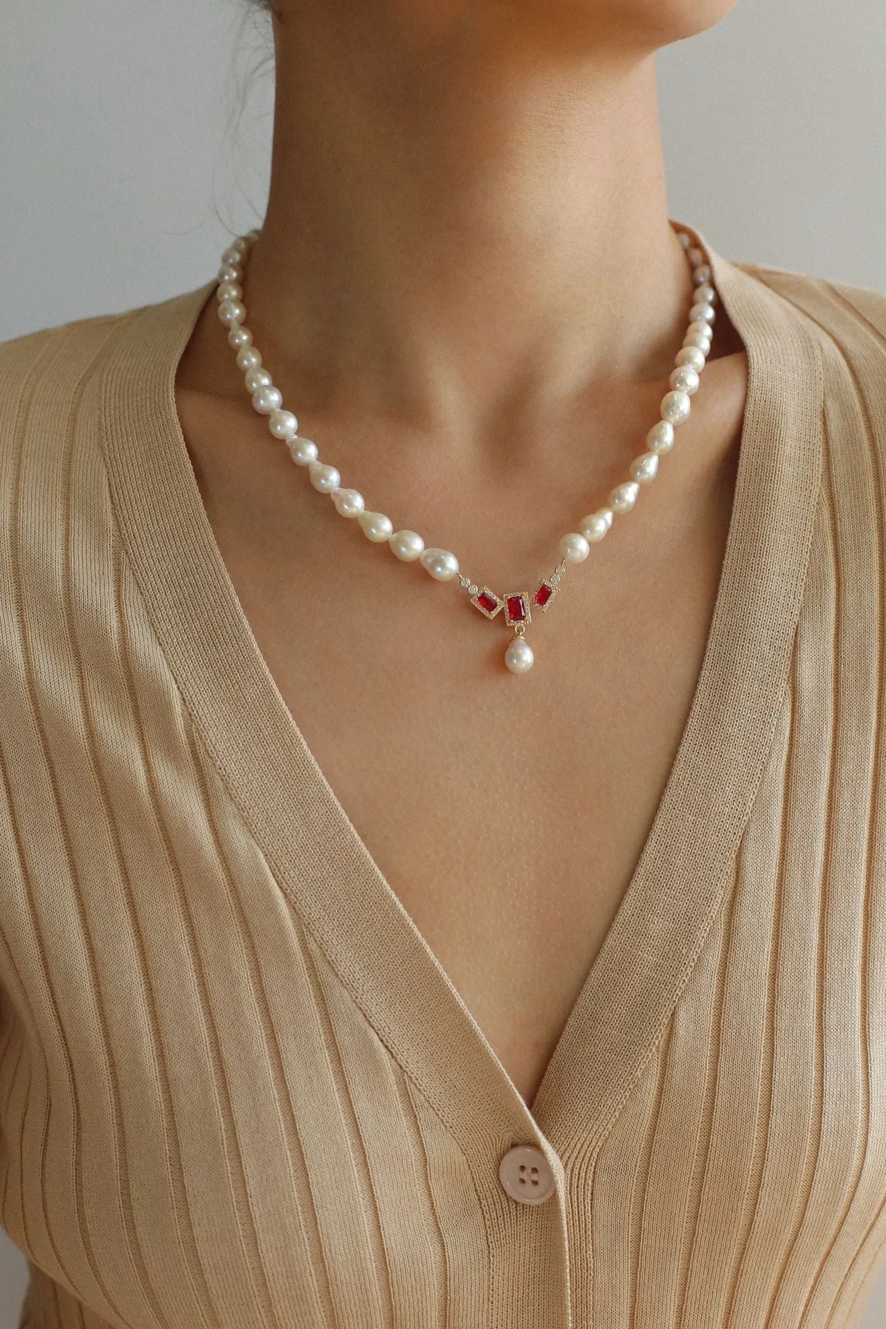 Drop Baroque Pearl Seiko Ruby Pendant Necklace