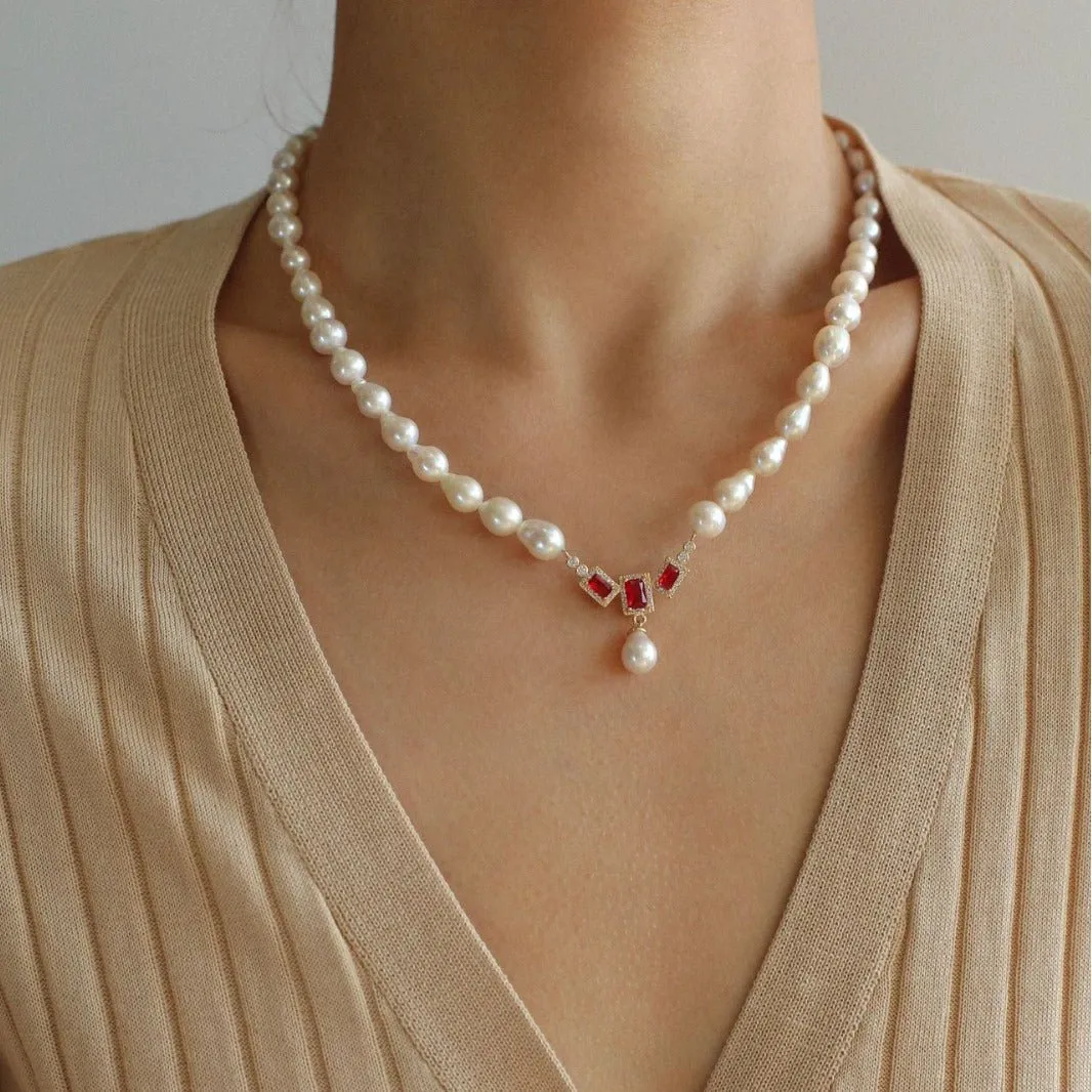 Drop Baroque Pearl Seiko Ruby Pendant Necklace