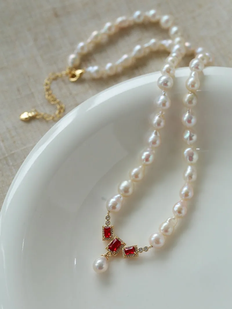 Drop Baroque Pearl Seiko Ruby Pendant Necklace