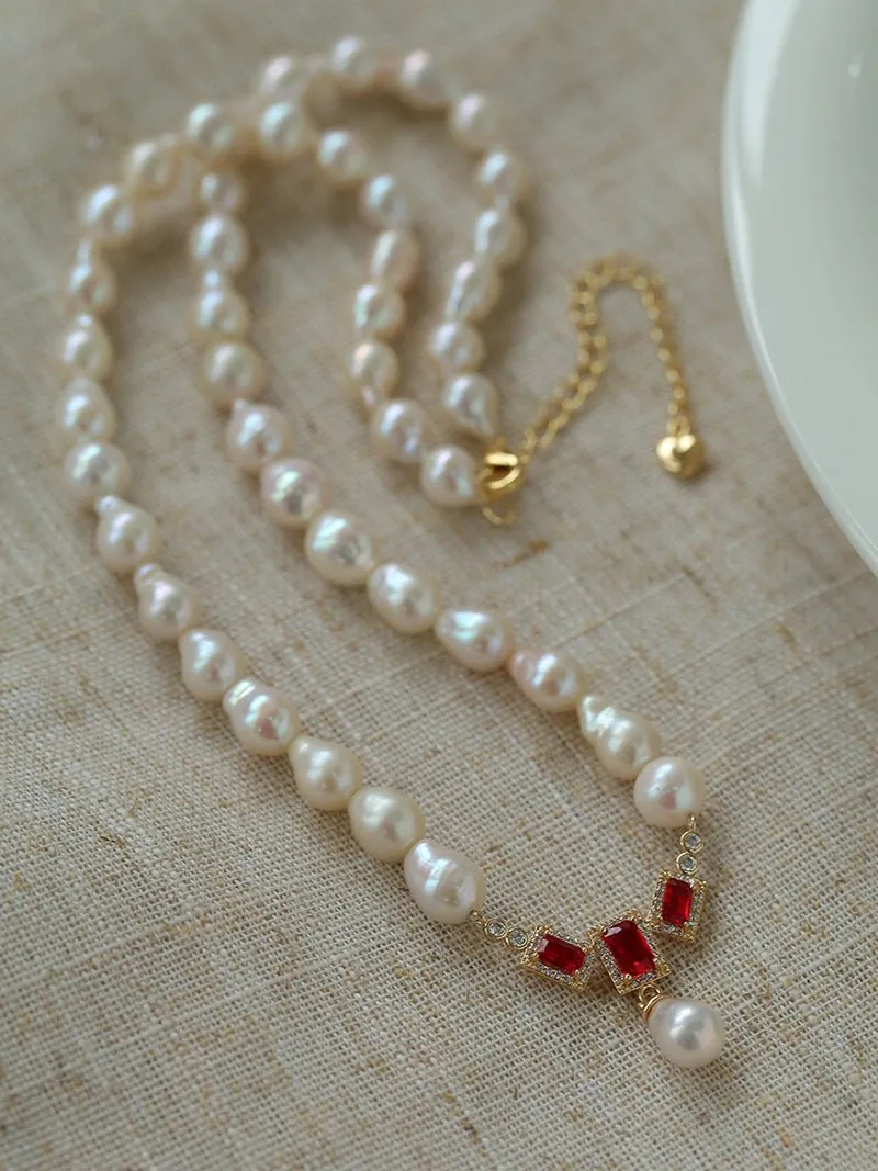 Drop Baroque Pearl Seiko Ruby Pendant Necklace
